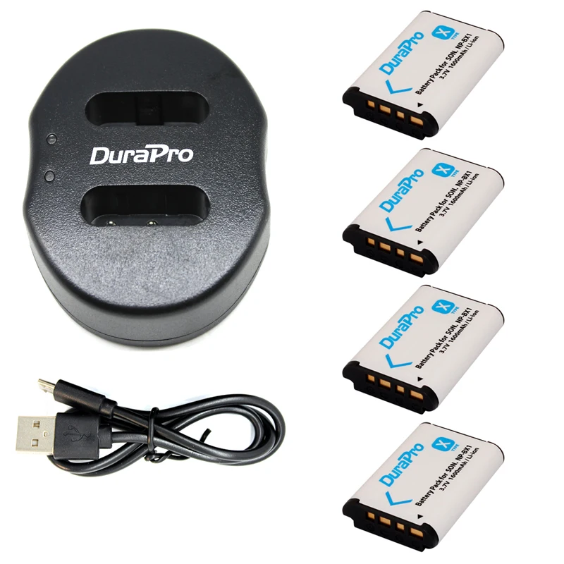 

DuraPro 4pc NP-BX1 NP BX1 NPBX1 Battery+Dual bateria charger For Sony HDR-AS200v AS20 AS100V AZ1 DSC-RX100 X1000V WX350 RX1 AS15