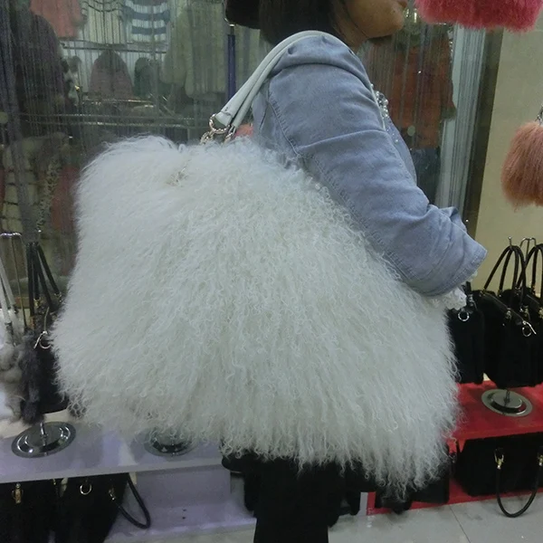 Wholesale Price Ladies White Sheep Fur Handbag / Real Fur Bags