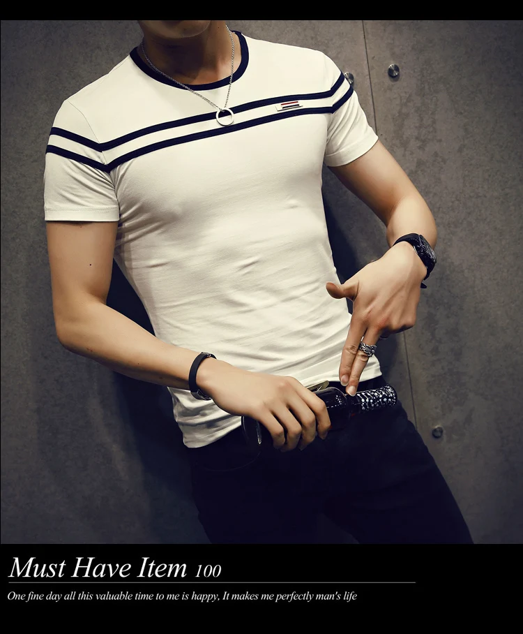 Men's Solid Color T-Shirt Fashion Short Sleeves Stripe Fold Slim Fit Casual 1 UT8KD7jXyNXXXagOFbXO
