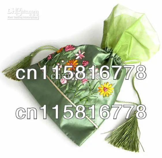 Personalized Wedding Candy Bags Silk Fabric Embroidery Tea Bags Drawstring Pouch 50pcs/lot mix Free