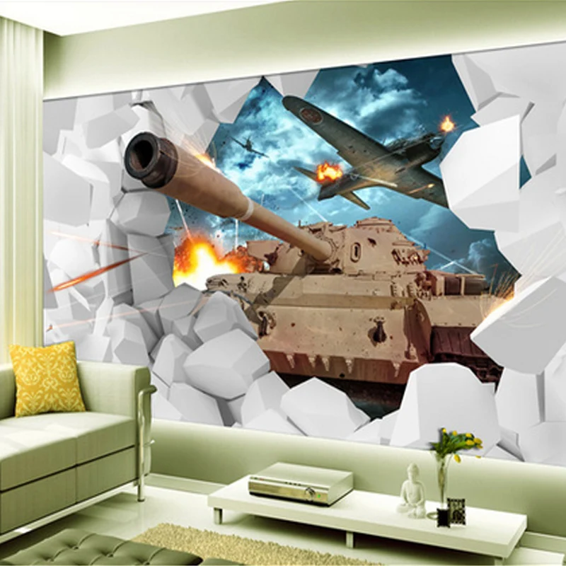 Custom Mural 3D Stereoscopic Tanks Wall Paper Military Themed Wallpaper Creative Personality Aircraft Backdrop Photo Wallpaper