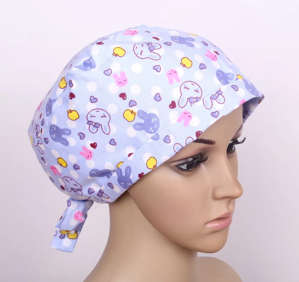 foldable lab caps,skull caps,medical scrub caps in blue with rabbitsin