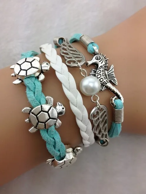 Seahorse, Wings & Pearl and Turtles,Tortoise Charm Bracelet in Silver - Turquoise Korean Cashmere and Braid - Friendship Gift 1701