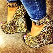 Custom Made Leopard Peep Toe Wedges For Women Handmade Platform Ankle Buckle Straps 15cm Heel Height Peep Toe Wedges