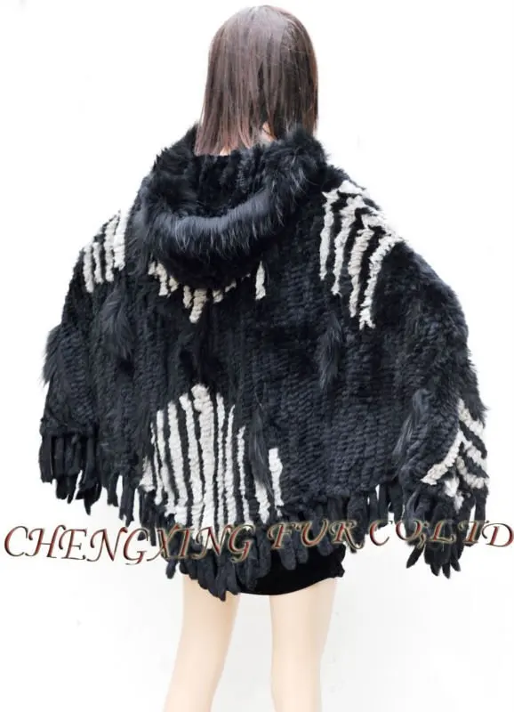 CX-B-110B Large Knit Rabbit Fur Poncho Shawl With Hood ~ DROP SHIPPING 