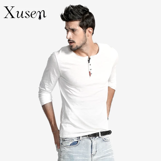 New 2017 Henley Style T Shirt Men Slim Fit Cotton T Shirt