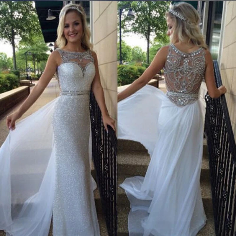 

Fashion Straight White Sequins Prom Dresses 2019 Custom made long Beaded Crystal Scoop Floor Length Formal Evening prom dress