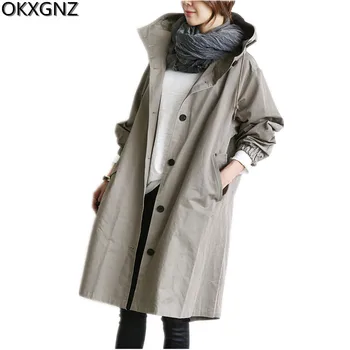 

OKXGNZ 2017 Women's Coat Korean New Spring Autumn Loose Lady Windbreaker Solid Color long Sleeved Hooded Ladies Basic Coat A192