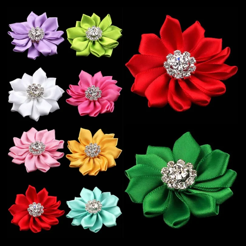 

10pcs/lot 2" 25colors Hair Clips Satin Ribbon Hair Flower+Rhinestones For Kids Hair Accessories Fabric Flowers For Headbands DIY