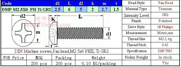 Титан винты M2.5X6 DIN 7985 с цилиндрической головкой Отвертка Phillips Ti GR2 полированная 50 шт
