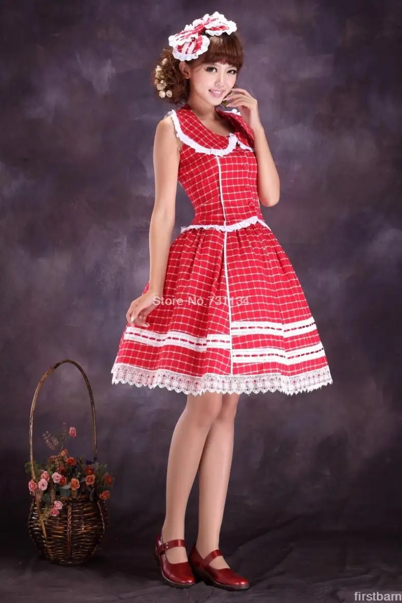Заказной модный супер милый Красный Клетчатый хлопковый принцесса кружева лук сладкий Лолита платье