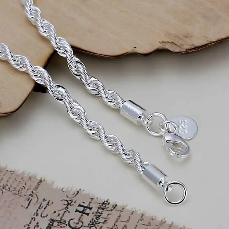 Ювелирных изделий посеребренные мужские браслеты 4 мм 20 см женские браслеты флэш витая веревка цепь Pulseira мужской браслет