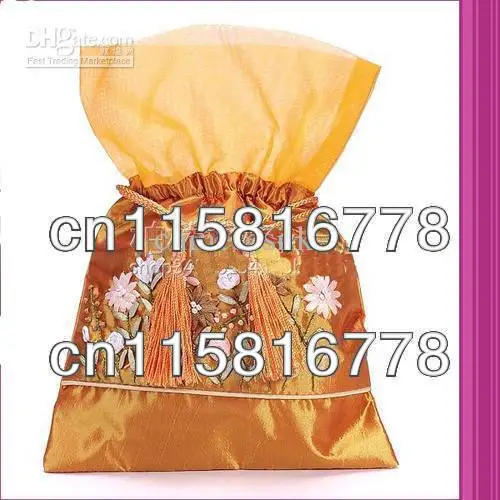 Personalized Wedding Candy Bags Silk Fabric Embroidery Tea Bags Drawstring Pouch 50pcs/lot mix Free