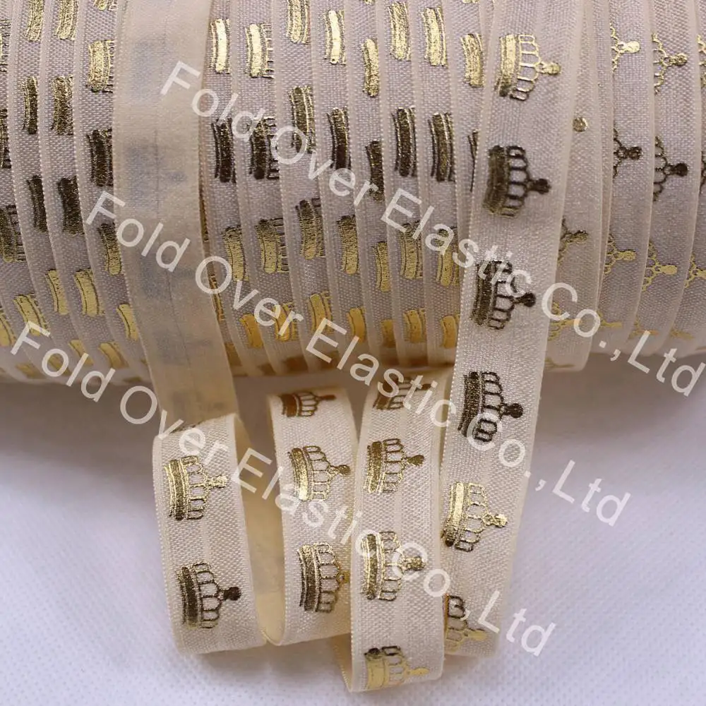 

5/8" gold foil crown printed fold over elastic #815-Cream for headwear headband hair tie handmade material, 100 yards/lot