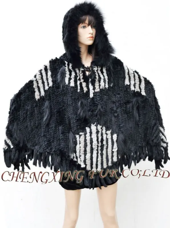 CX-B-110B Large Knit Rabbit Fur Poncho Shawl With Hood ~ DROP SHIPPING 
