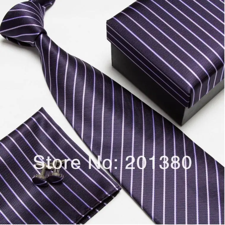 Мужская мода высокого качества полосатый набор галстуков галстуки Запонки hankies шелковые галстуки Запонки карманные носовые платки
