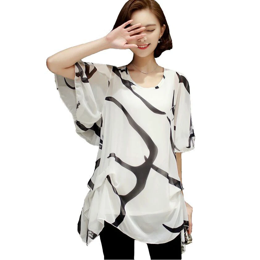 2018 Новая мода с коротким рукавом Свободная шифоновая блузка принтом в полоску 5XL