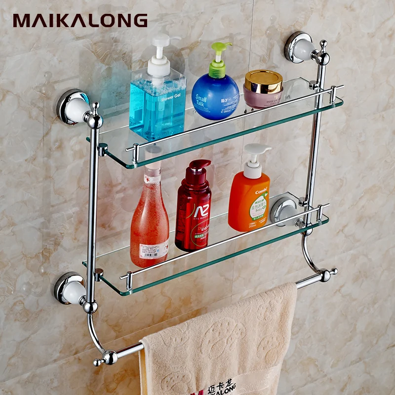 Bathroom Accessories chrome Finish With Tempered Glass,Double Glass Shelf bathroom shelfin