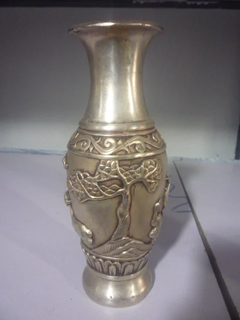 Редкий Старый QingDynasty Серебряная ваза, Кран и сосны, Лотос, Украшения, бесплатная доставка