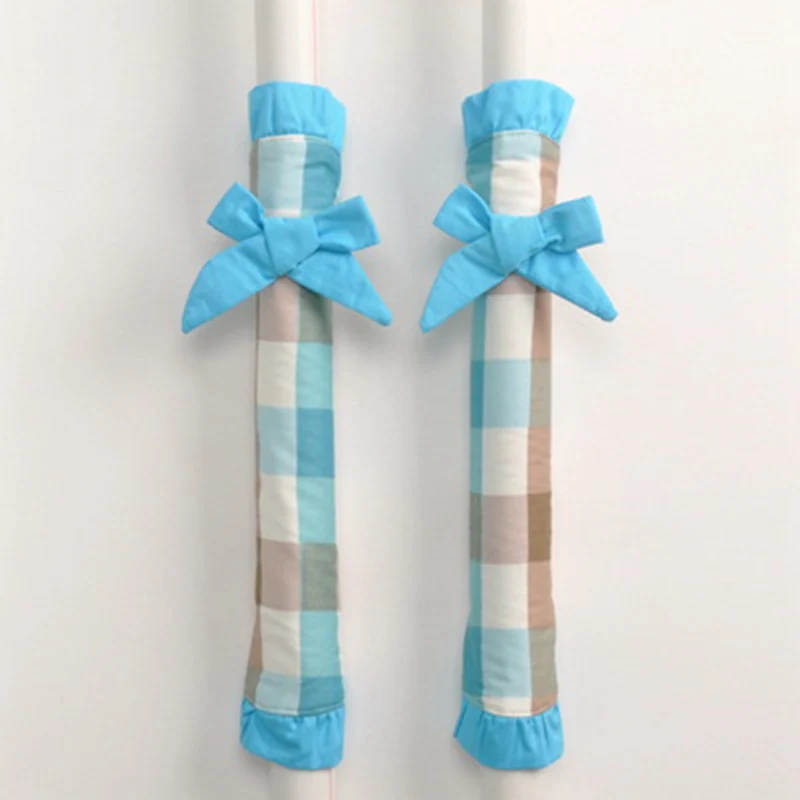 Pastoral Plaid Refrigerator Handle Covers 32cm Long Blue Fridge Cases