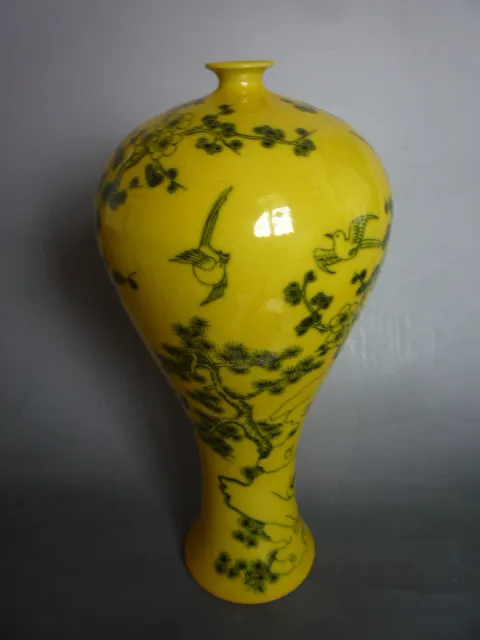 Редкие Цяньлун (1711-1799) Yello сорока и сливы вазу, лучшая коллекция и украшения, Бесплатная доставка