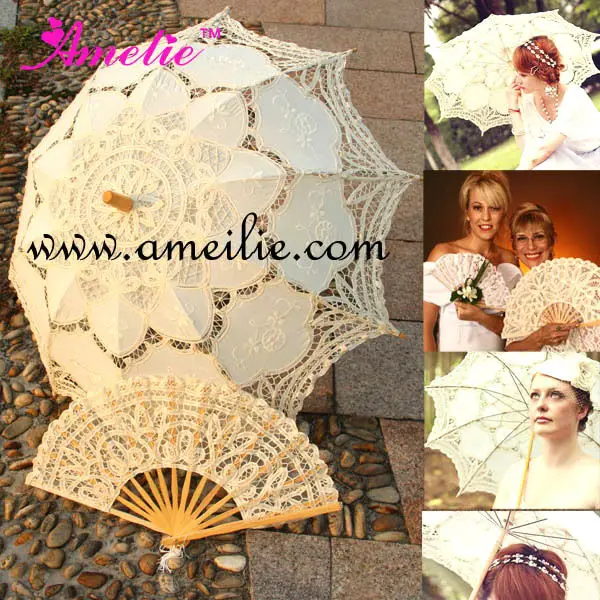 A0101 Beige lace parasol and fan