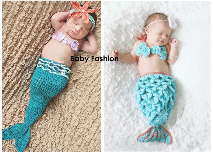 3PCS Newborn Baby Crochet Knit Mermaid Dress Costume Outfit Photo Photography