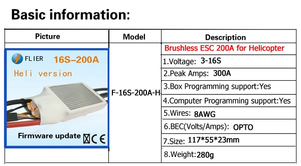 Flier 60 V 200A HV ESC для бесщеточного двигателя для радиоуправляемого вертолета