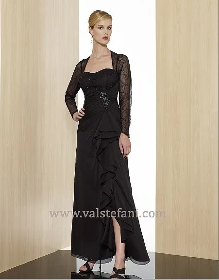 Горячая vestido феста новое поступление черный шифон длинные кружева элегантный мать невесты платья с длинным рукавом