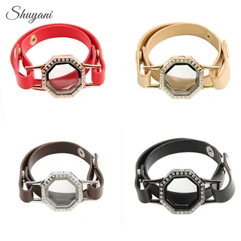 

10PCS!! Fashion 4Colors Leather Wrap Locket Bracelet Bangle with Crystal Floating Locket Charms Bracelet Jewelry