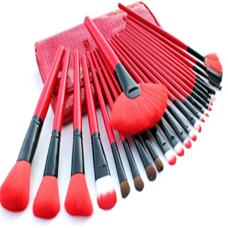 Профессиональный 24 шт. Косметика Щетки Красота Make-Up набор инструментов для пудра щетка для волос комплект с кожаный сумка - Handle Color: red
