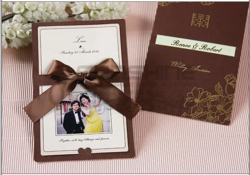 Invitation Card Wedding Cards Cm C Brown Color With Ribbon Customised Card Can Print Customer S Wedding Invitation Also Photo