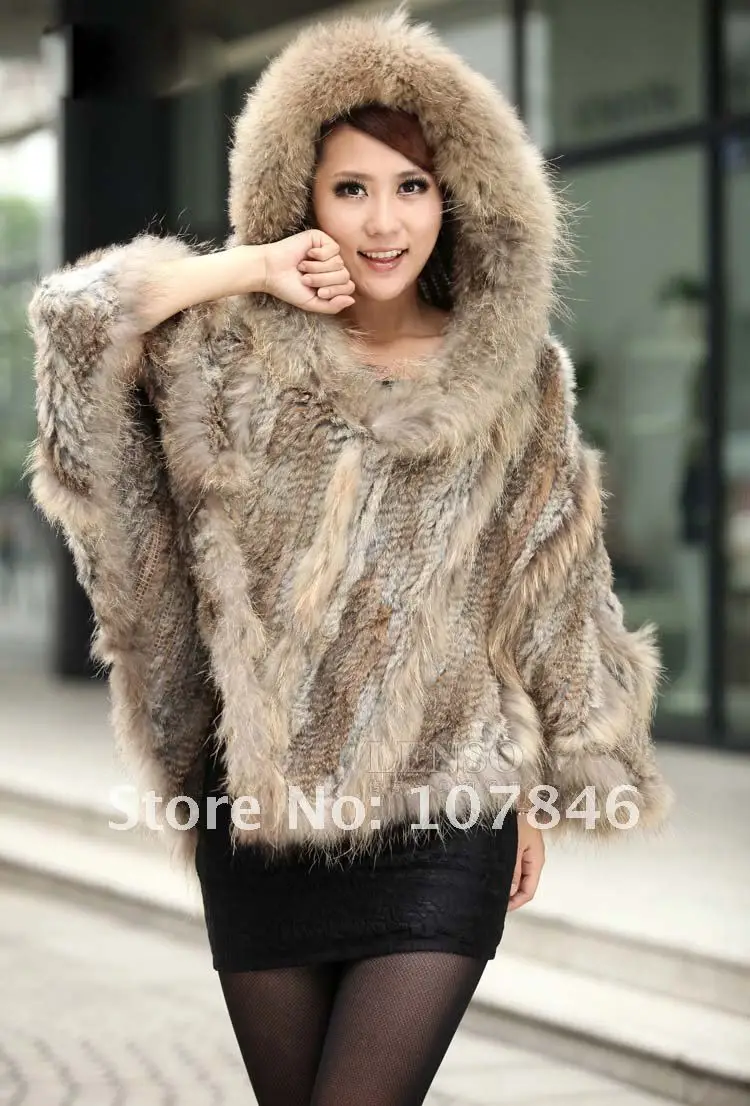 VK0033 Lady Fashion Genuine Knitting Rabbit Fur Shawl with Hoody In stock Hot selling 