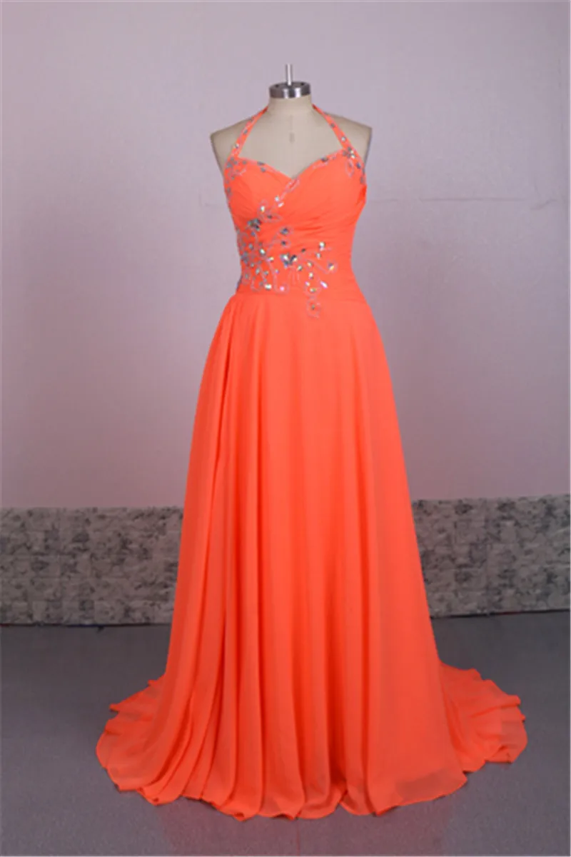 Halter Neck Shiny Orange Backless Prom Dresses for 8th