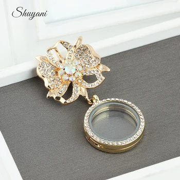 

10pcs/lot Fashion 30mm Round Floating Locket with Rhinestone Flower Living Memory Locket Brooches Pins for Women