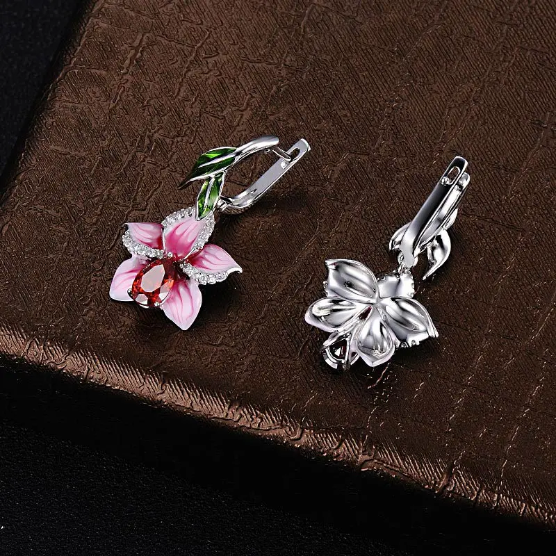silver pink flower enamel earrings-E303872ENASL925-SV5 - 