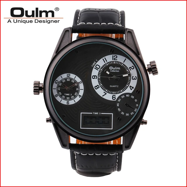 Man watch Leather starp Watch font b OULM b font HP3581 Multiple time zone font b