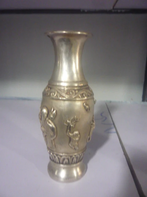 Редкий Старый QingDynasty Серебряная ваза, Кран и сосны, Лотос, Украшения, бесплатная доставка