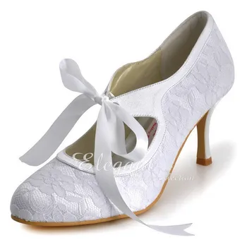 

Ivory White Wedding Bridal Shoes Closed Toe Mary Jane High Heels Pumps Lace UP Bride Ladies Woman Shoes A3039