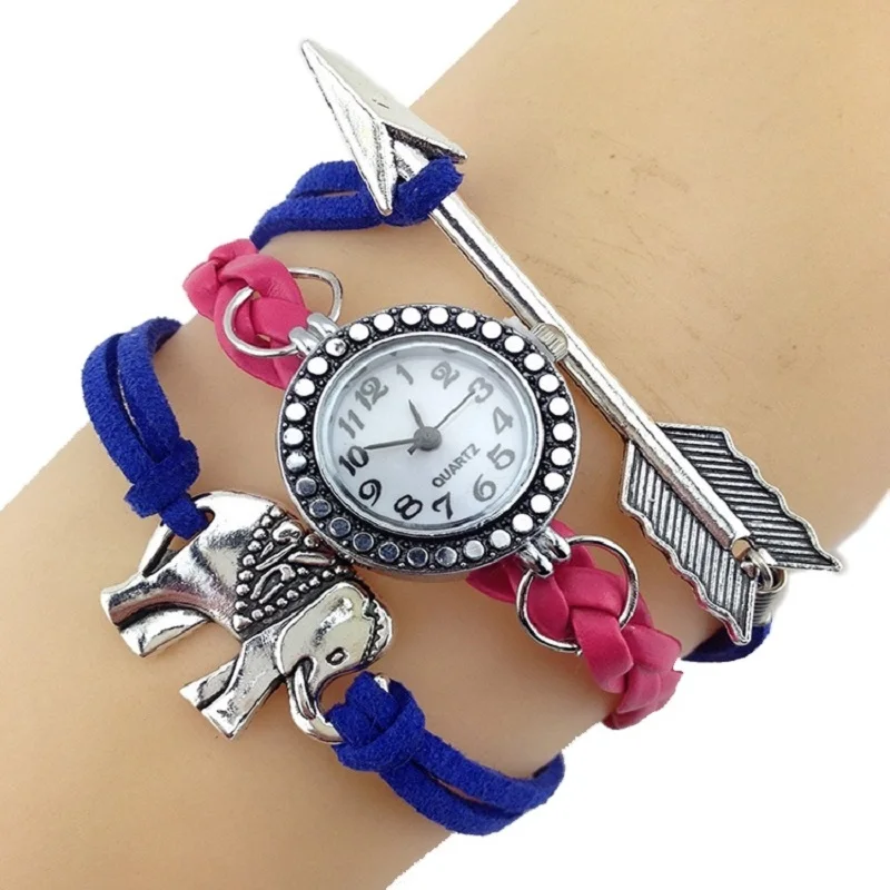 

NEW fashion Indian Arrow Elephant Bracelet Watch women Parcords PU leather shammy Gift wristwatch Geneva Style