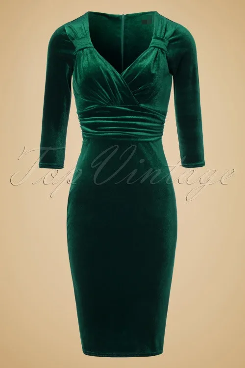 20 Winter Women 50s V Neck Wiggle Pencil Dress In Green Elegant Jurken