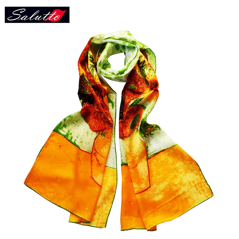 

SALUTTO 100% Silk scarf Van Gogh oil painting long Brand silk scarf Women Hot-selling High Quality Shawl 160x42cm