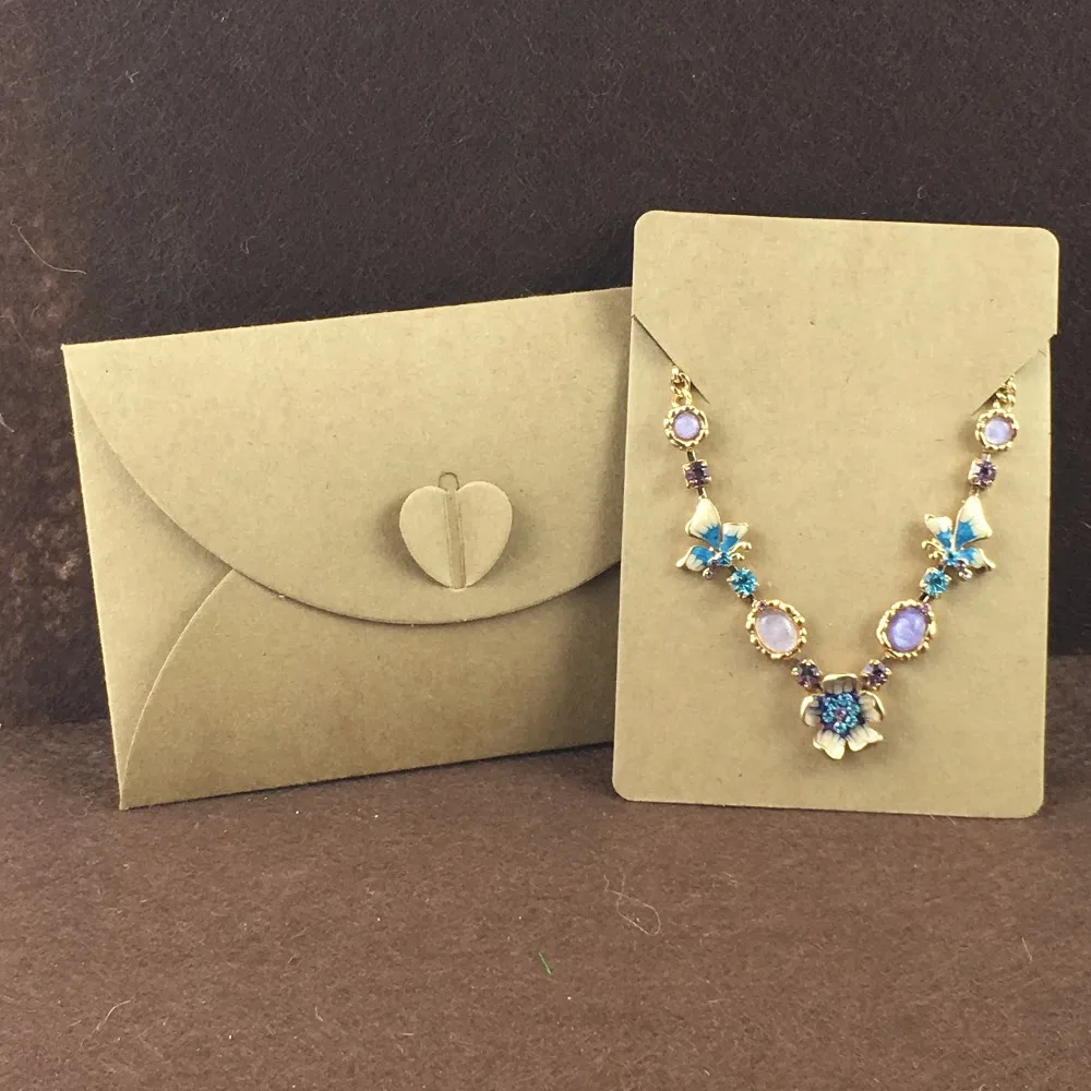 

50Set 15*10cm Kraft Paper Envelop Gift Box Heart Shape Add 12.5*9 cm Necklace Cards Blank Display Package Accept Custom logo