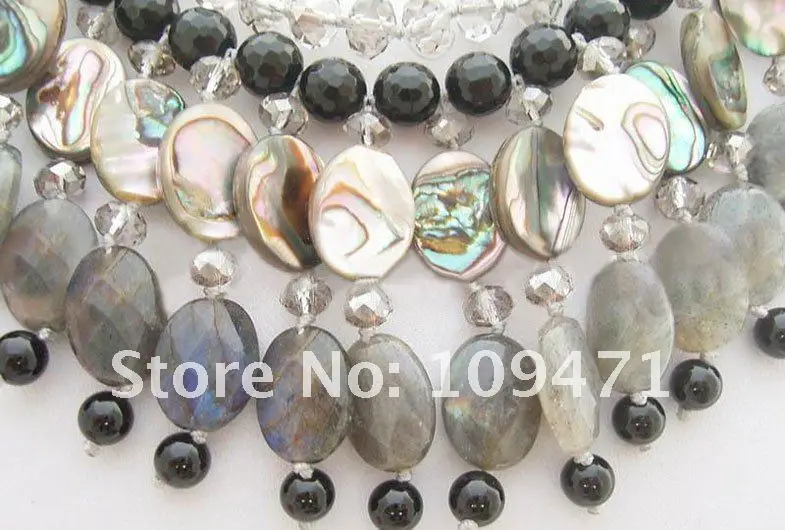 2Strds Crystal& Labradorite& Onyx& Paua Abalone Shell Neck