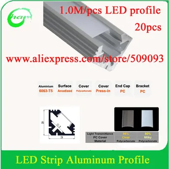

20M/Lot 1919 aluminum corner led profile with clear/milk cover for width up to 11mm led strips right angle profile