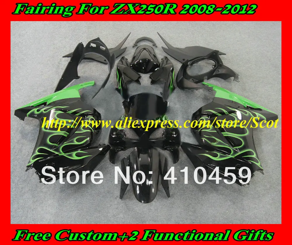 Зеленый Пламя Черный обтекателя комплект для KAWASAKI Ninja ZX250R 08 09 10 11 12 ZX 250R 2008 2012 EX250 08-12 2008-2012