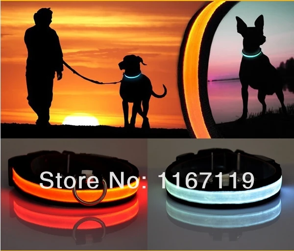 100 шт./лот,, светодиодный ошейник для собак из нейлона+ волоконная подсветка, товары для собак, кошек, 4 размера и 8 цветов