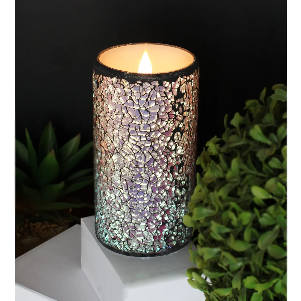 Multicolor Moving Wick Glass Mosaic Flameless Wax LED Candle with Timer, Battery Operated,Home