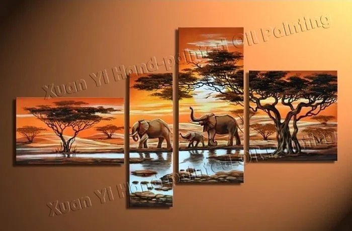 4 панели современная картина слона на холсте холст искусство Африканский пейзаж Картина Куадрос Decoracion для гостиной без рамы XY029