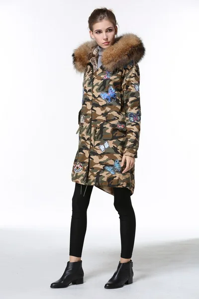 Hot Women Fake Fur Parkas Camouflage Parkas Hooded Fur Army Green Overcoat Free Shipping